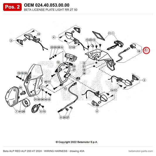 BETA LICENSE PLATE LIGHT RR 2T 50 – OEM 024.40.053.00.00, position 2 on the Beta ALP RED ALP 200 4T 2024 wiring harness drawing