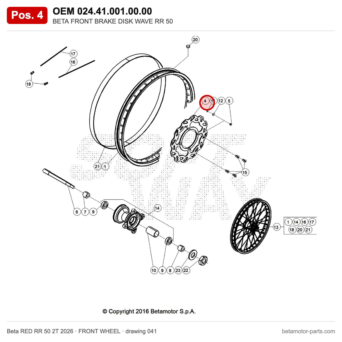 BETA FRONT BRAKE DISK WAVE RR 50 – OEM 024.41.001.00.00, position 4 on the Beta RED RR 50 2T 2026 front wheel drawing