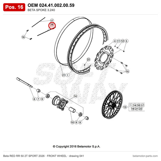 BETA SPOKE 3.240 – OEM 024.41.002.00.59, position 16 on the Beta RED RR 50 2T SPORT 2026 front wheel drawing