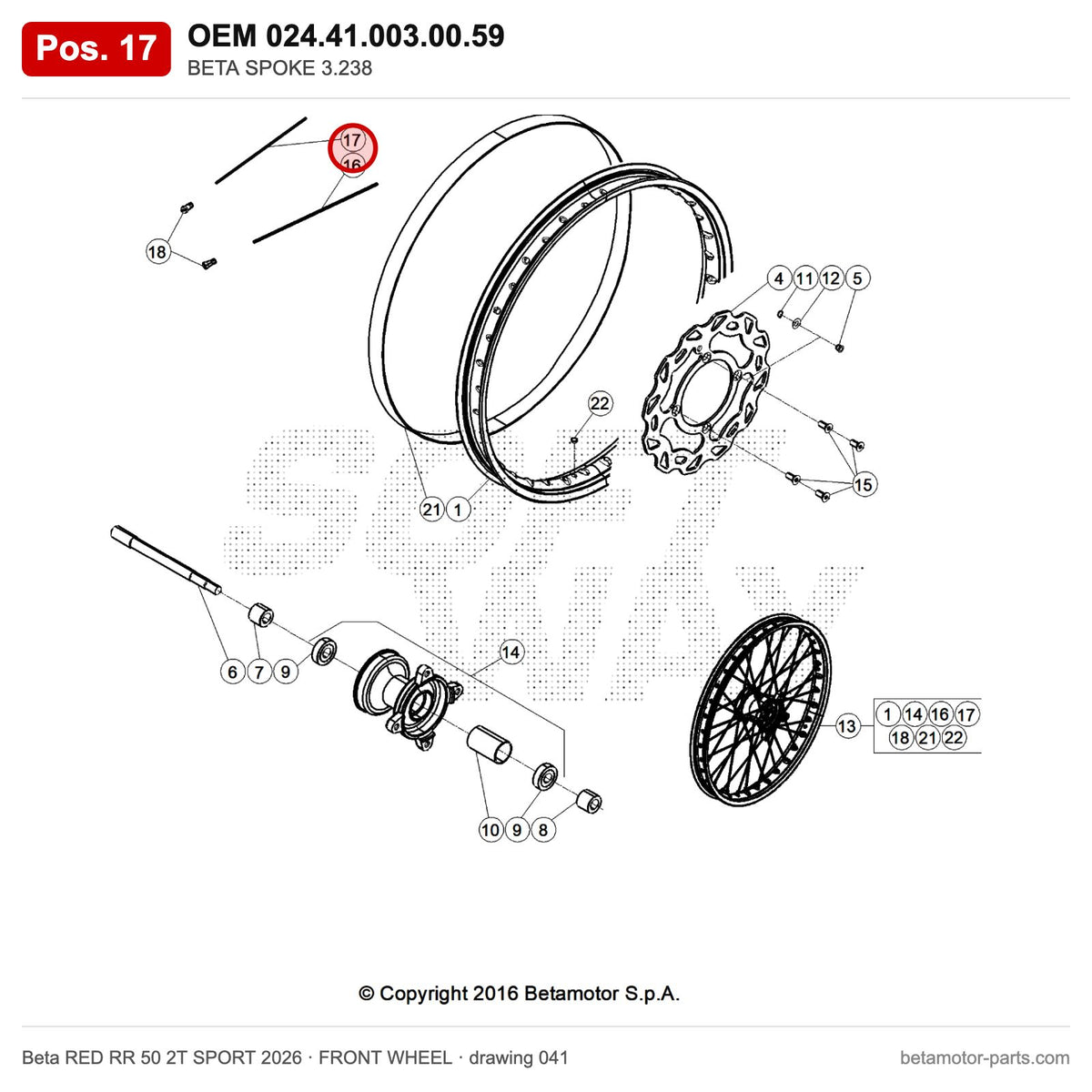 BETA SPOKE 3.238 – OEM 024.41.003.00.59, position 17 on the Beta RED RR 50 2T SPORT 2026 front wheel drawing
