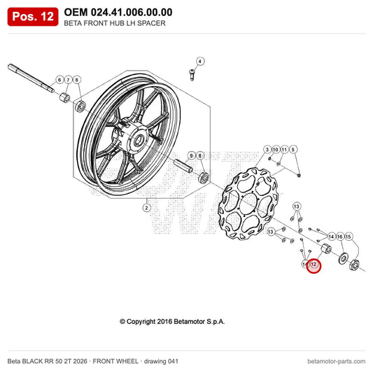 BETA FRONT HUB LH SPACER – OEM 024.41.006.00.00, position 12 on the Beta BLACK RR 50 2T 2026 front wheel drawing