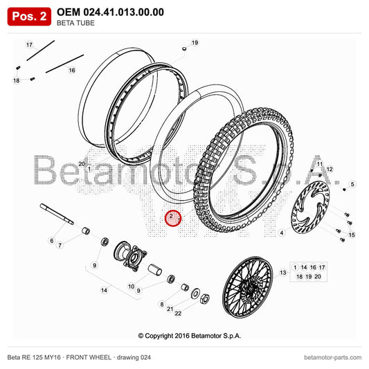 BETA TUBE – OEM 024.41.013.00.00, position 2 on the Beta RE 125 MY16 front wheel drawing