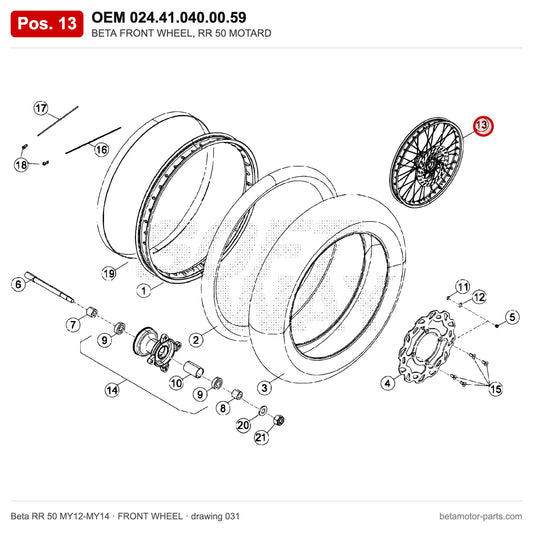 BETA FRONT WHEEL, RR 50 MOTARD – OEM 024.41.040.00.59, position 13 on the Beta RR 50 MY12-MY14 front wheel drawing