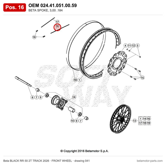 BETA SPOKE, 3,00 .184 – OEM 024.41.051.00.59, position 16 on the Beta BLACK RR 50 2T TRACK 2026 front wheel drawing