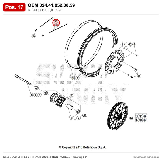 BETA SPOKE, 3,00 .185 – OEM 024.41.052.00.59, position 17 on the Beta BLACK RR 50 2T TRACK 2026 front wheel drawing