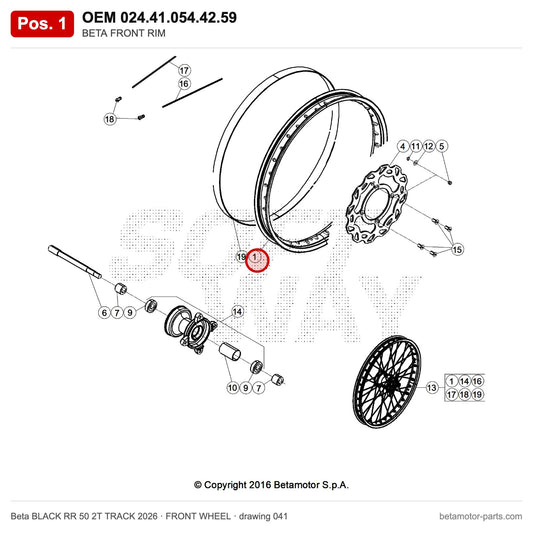 BETA FRONT RIM – OEM 024.41.054.42.59, position 1 on the Beta BLACK RR 50 2T TRACK 2026 front wheel drawing