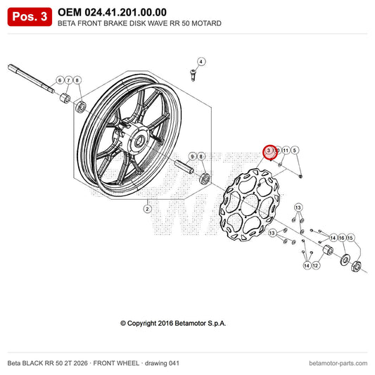 BETA FRONT BRAKE DISK WAVE RR 50 MOTARD – OEM 024.41.201.00.00, position 3 on the Beta BLACK RR 50 2T 2026 front wheel drawing