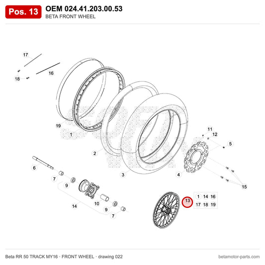 BETA FRONT WHEEL – OEM 024.41.203.00.53, position 13 on the Beta RR 50 TRACK MY16 front wheel drawing