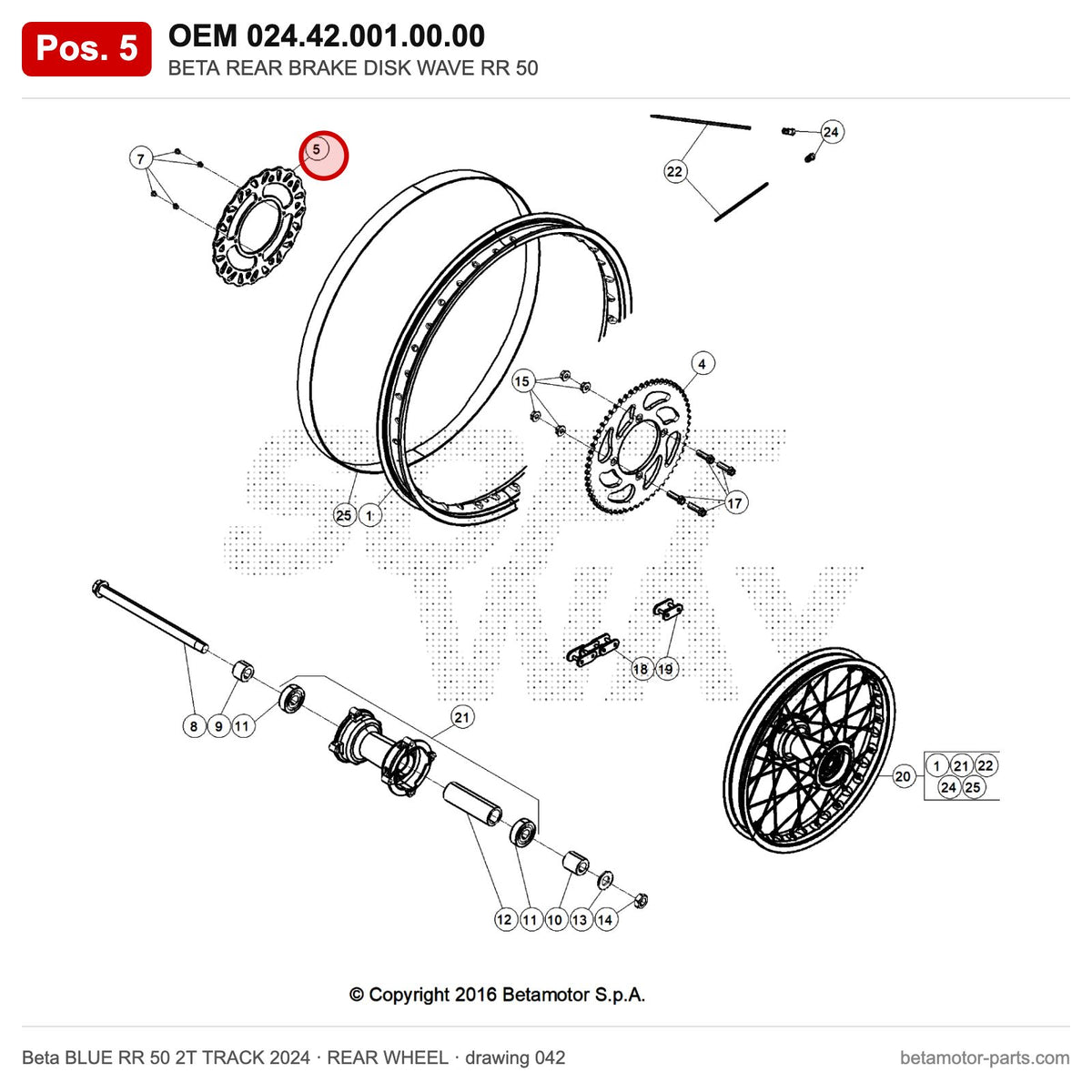 BETA REAR BRAKE DISK WAVE RR 50 – OEM 024.42.001.00.00, position 5 on the Beta BLUE RR 50 2T TRACK 2024 rear wheel drawing
