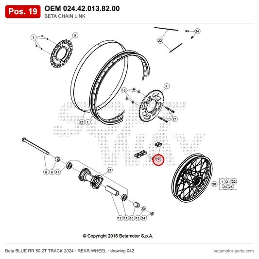 BETA CHAIN LINK – OEM 024.42.013.82.00, position 19 on the Beta BLUE RR 50 2T TRACK 2024 rear wheel drawing