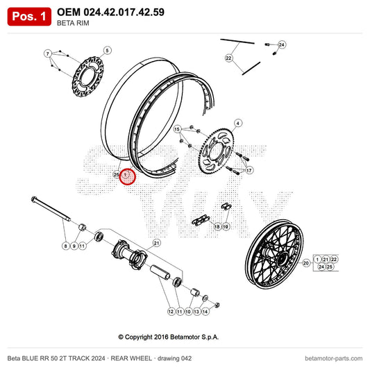 BETA RIM – OEM 024.42.017.42.59, position 1 on the Beta BLUE RR 50 2T TRACK 2024 rear wheel drawing