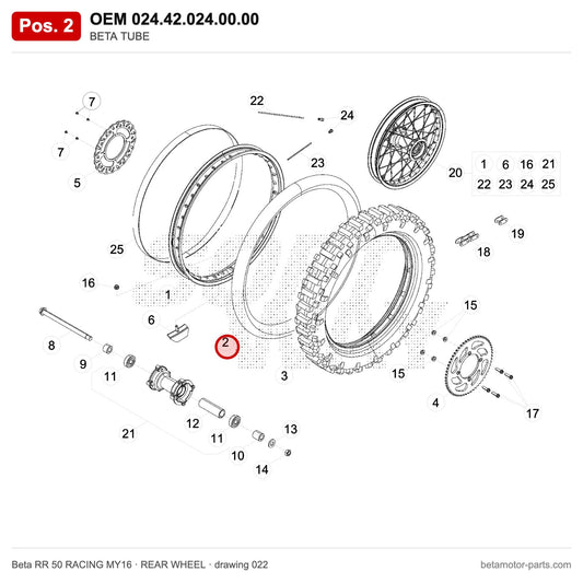 BETA TUBE – OEM 024.42.024.00.00, position 2 on the Beta RR 50 RACING MY16 rear wheel drawing