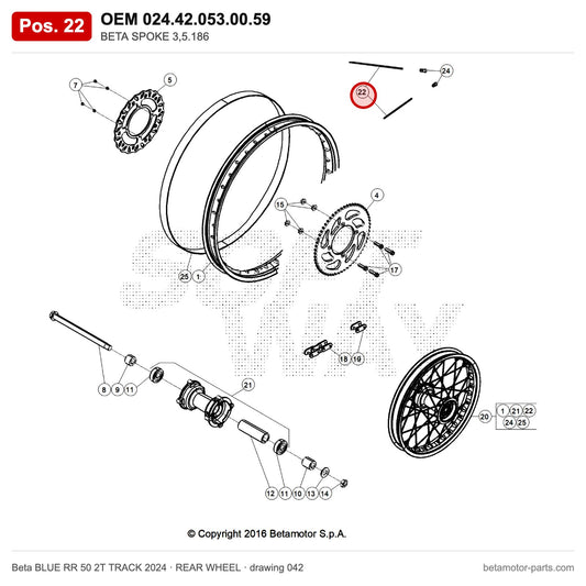 BETA SPOKE 3,5.186 – OEM 024.42.053.00.59, position 22 on the Beta BLUE RR 50 2T TRACK 2024 rear wheel drawing