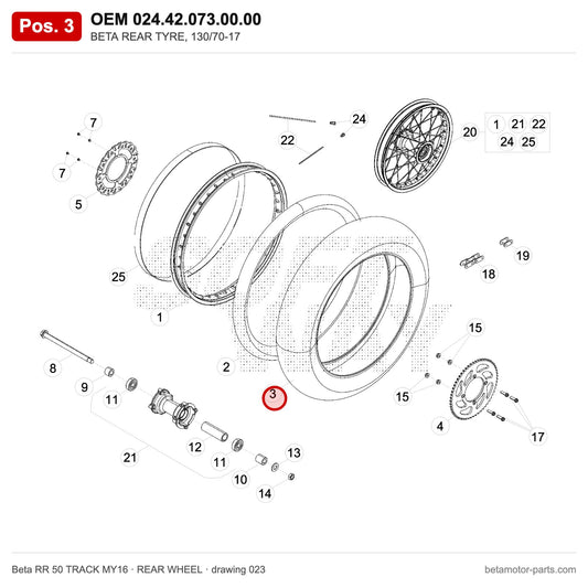BETA REAR TYRE, 130/70-17 – OEM 024.42.073.00.00, position 3 on the Beta RR 50 TRACK MY16 rear wheel drawing
