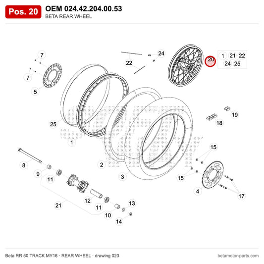 BETA REAR WHEEL – OEM 024.42.204.00.53, position 20 on the Beta RR 50 TRACK MY16 rear wheel drawing