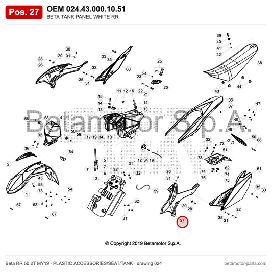 BETA TANK PANEL WHITE RR – OEM 024.43.000.10.51, position 27 on the Beta RR 50 2T MY19 plastic accessories/seat/tank drawing
