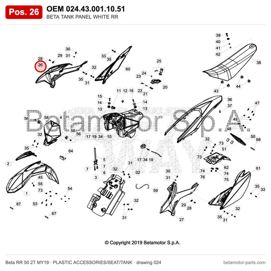 BETA TANK PANEL WHITE RR – OEM 024.43.001.10.51, position 26 on the Beta RR 50 2T MY19 plastic accessories/seat/tank drawing