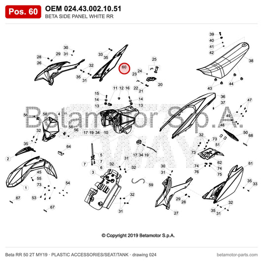 BETA SIDE PANEL WHITE RR – OEM 024.43.002.10.51, position 60 on the Beta RR 50 2T MY19 plastic accessories/seat/tank drawing