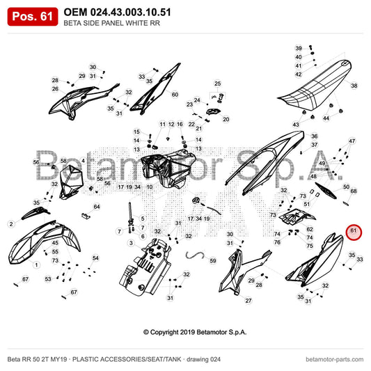 BETA SIDE PANEL WHITE RR – OEM 024.43.003.10.51, position 61 on the Beta RR 50 2T MY19 plastic accessories/seat/tank drawing