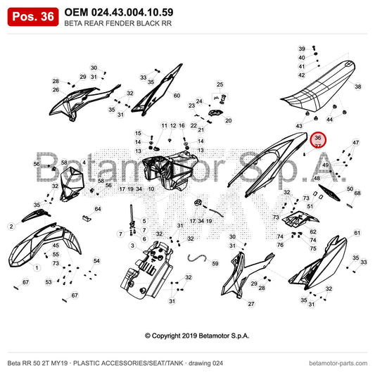 BETA REAR FENDER BLACK RR – OEM 024.43.004.10.59, position 36 on the Beta RR 50 2T MY19 plastic accessories/seat/tank drawing