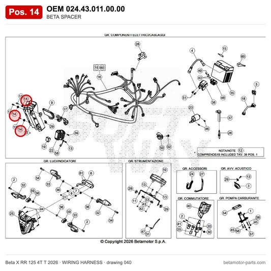 BETA SPACER – OEM 024.43.011.00.00, position 14 on the Beta X RR 125 4T T 2026 wiring harness drawing
