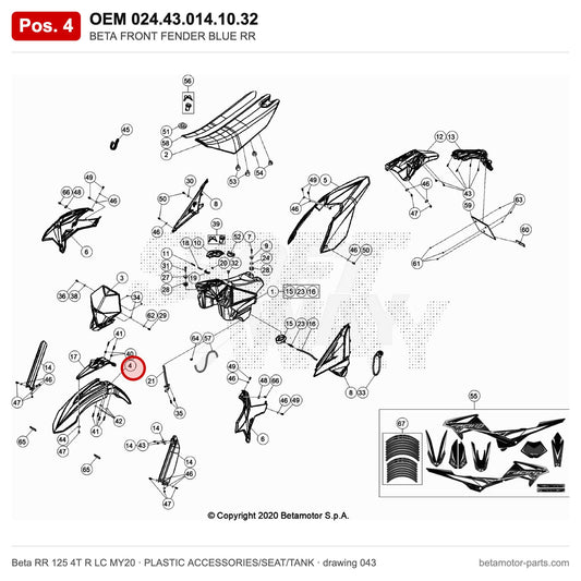 BETA FRONT FENDER BLUE RR – OEM 024.43.014.10.32, position 4 on the Beta RR 125 4T R LC MY20 plastic accessories/seat/tank drawing