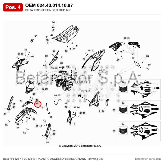 BETA FRONT FENDER RED RR – OEM 024.43.014.10.97, position 4 on the Beta RR 125 4T LC MY19 plastic accessories/seat/tank drawing
