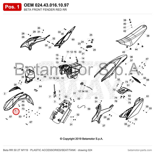 BETA FRONT FENDER RED RR – OEM 024.43.016.10.97, position 1 on the Beta RR 50 2T MY19 plastic accessories/seat/tank drawing