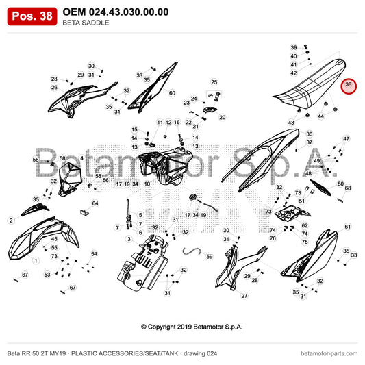 BETA SADDLE – OEM 024.43.030.00.00, position 38 on the Beta RR 50 2T MY19 plastic accessories/seat/tank drawing