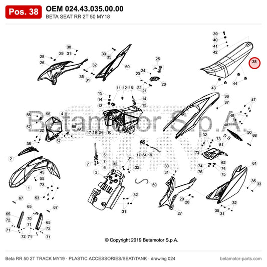 BETA SEAT RR 2T 50 MY18 – OEM 024.43.035.00.00, position 38 on the Beta RR 50 2T TRACK MY19 plastic accessories/seat/tank drawing