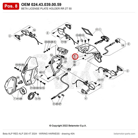 BETA LICENSE PLATE HOLDER RR 2T 50 – OEM 024.43.039.00.59, position 8 on the Beta ALP RED ALP 200 4T 2024 wiring harness drawing