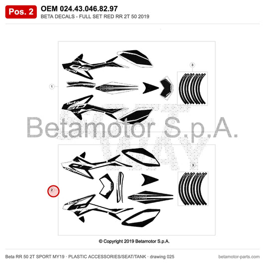 BETA DECALS - FULL SET RED RR 2T 50 2019 – OEM 024.43.046.82.97, position 2 on the Beta RR 50 2T SPORT MY19 plastic accessories/seat/tank drawing
