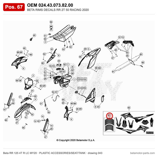 BETA RIMS DECALS RR 2T 50 RACING 2020 – OEM 024.43.073.82.00, position 67 on the Beta RR 125 4T R LC MY20 plastic accessories/seat/tank drawing