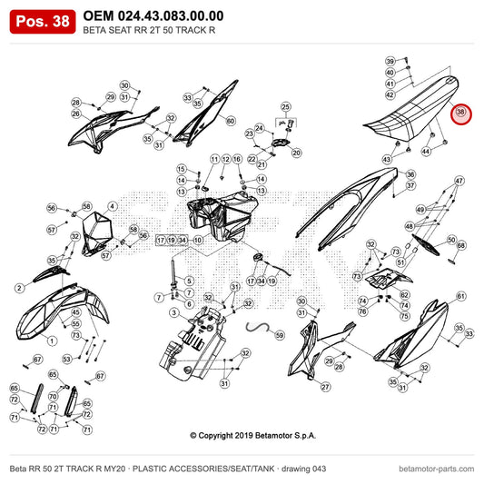 BETA SEAT RR 2T 50 TRACK R – OEM 024.43.083.00.00, position 38 on the Beta RR 50 2T TRACK R MY20 plastic accessories/seat/tank drawing