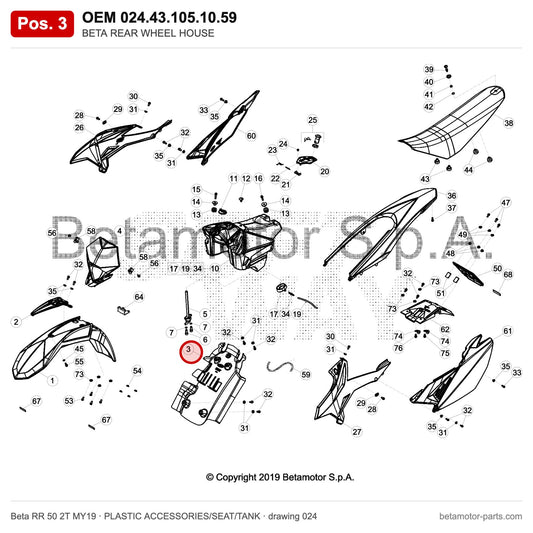 BETA REAR WHEEL HOUSE – OEM 024.43.105.10.59, position 3 on the Beta RR 50 2T MY19 plastic accessories/seat/tank drawing