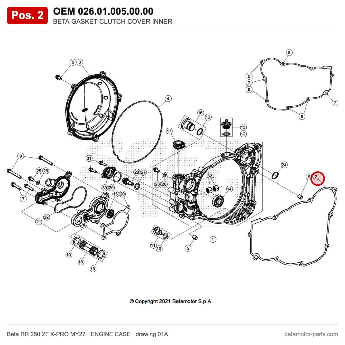 BETA GASKET CLUTCH COVER INNER – OEM 026.01.005.00.00, position 2 on the Beta RR 250 2T X-PRO MY27 engine case drawing
