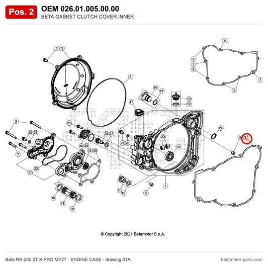 BETA GASKET CLUTCH COVER INNER – OEM 026.01.005.00.00, position 2 on the Beta RR 250 2T X-PRO MY27 engine case drawing
