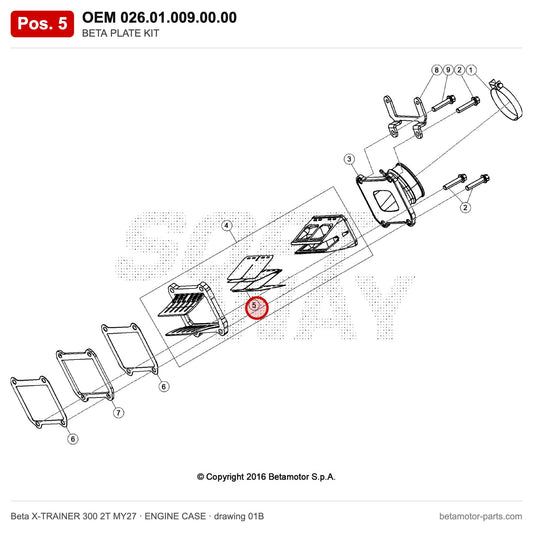 BETA PLATE KIT – OEM 026.01.009.00.00, position 5 on the Beta X-TRAINER 300 2T MY27 engine case drawing