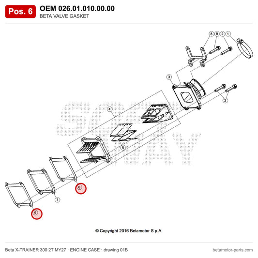 BETA VALVE GASKET – OEM 026.01.010.00.00, position 6 on the Beta X-TRAINER 300 2T MY27 engine case drawing