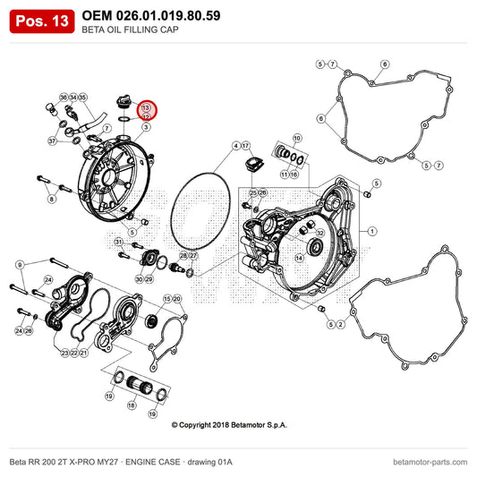 BETA OIL FILLING CAP – OEM 026.01.019.80.59, position 13 on the Beta RR 200 2T X-PRO MY27 engine case drawing