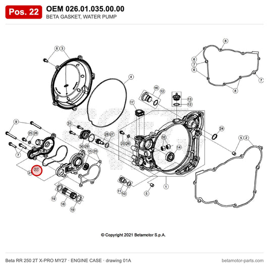 BETA GASKET, WATER PUMP – OEM 026.01.035.00.00, position 22 on the Beta RR 250 2T X-PRO MY27 engine case drawing