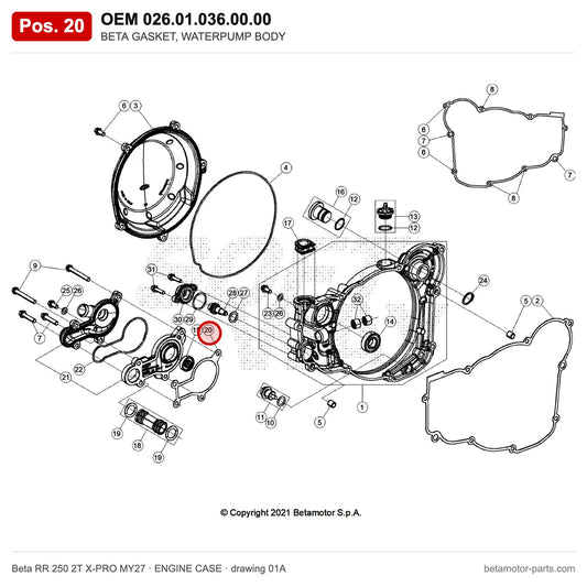BETA GASKET, WATERPUMP BODY – OEM 026.01.036.00.00, position 20 on the Beta RR 250 2T X-PRO MY27 engine case drawing