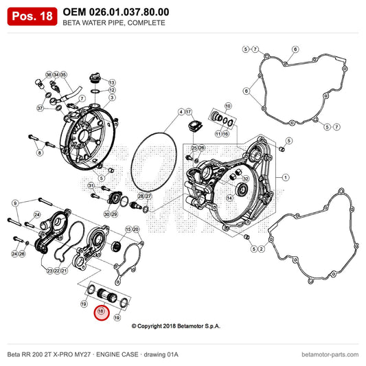 BETA WATER PIPE, COMPLETE – OEM 026.01.037.80.00, position 18 on the Beta RR 200 2T X-PRO MY27 engine case drawing