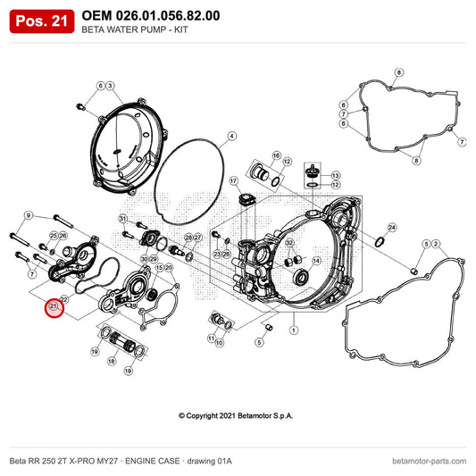 BETA WATER PUMP - KIT – OEM 026.01.056.82.00, position 21 on the Beta RR 250 2T X-PRO MY27 engine case drawing