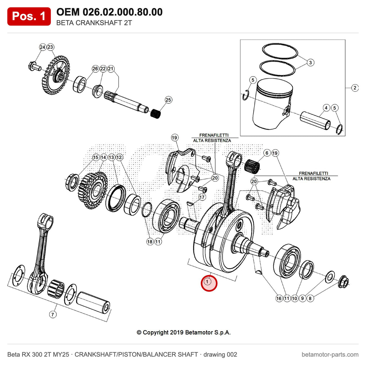 BETA CRANKSHAFT 2T – OEM 026.02.000.80.00, position 1 on the Beta RX 300 2T MY25 crankshaft/piston/balancer shaft drawing