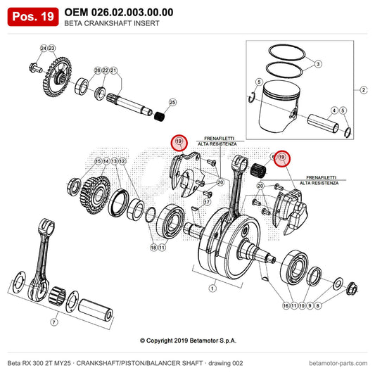 BETA CRANKSHAFT INSERT – OEM 026.02.003.00.00, position 19 on the Beta RX 300 2T MY25 crankshaft/piston/balancer shaft drawing