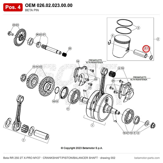 BETA PIN – OEM 026.02.023.00.00, position 4 on the Beta RR 250 2T X-PRO MY27 crankshaft/piston/balancer shaft drawing