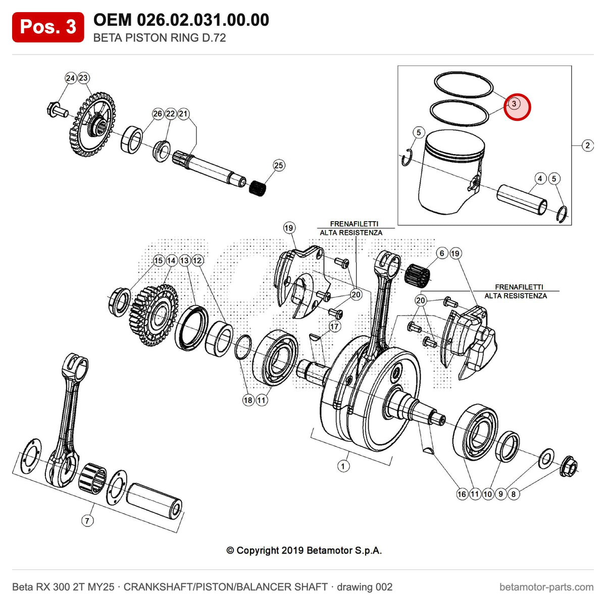 BETA PISTON RING D.72 – OEM 026.02.031.00.00, position 3 on the Beta RX 300 2T MY25 crankshaft/piston/balancer shaft drawing