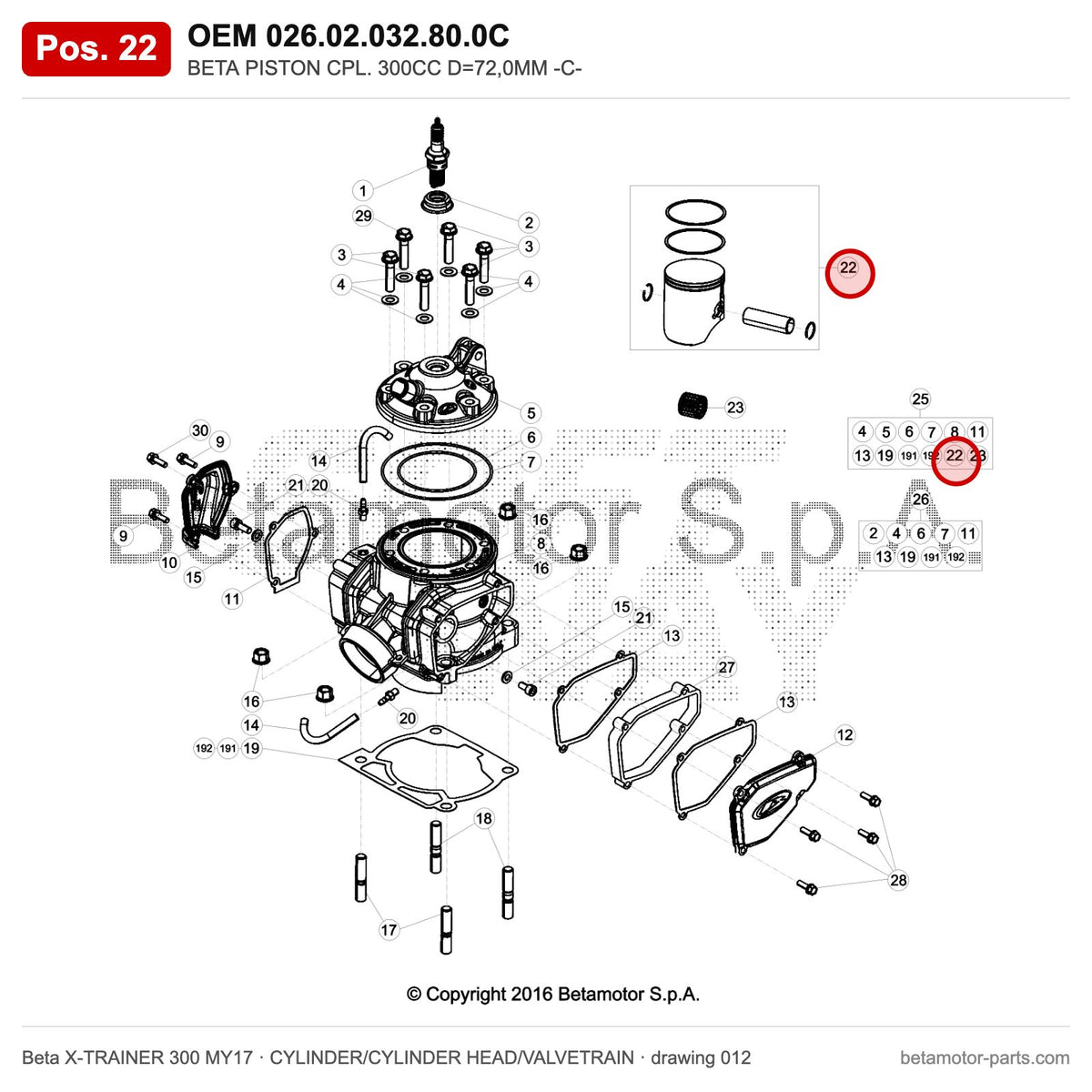 BETA PISTON CPL. 300CC D=72,0MM -C- – OEM 026.02.032.80.0C, position 22 on the Beta X-TRAINER 300 MY17 cylinder/cylinder head/valvetrain drawing