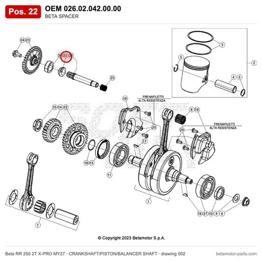 BETA SPACER – OEM 026.02.042.00.00, position 22 on the Beta RR 250 2T X-PRO MY27 crankshaft/piston/balancer shaft drawing